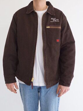 VTG Tough Duck Brown Workwear Canvas Jacket East Elgin Embroidered Logo Zip Up M